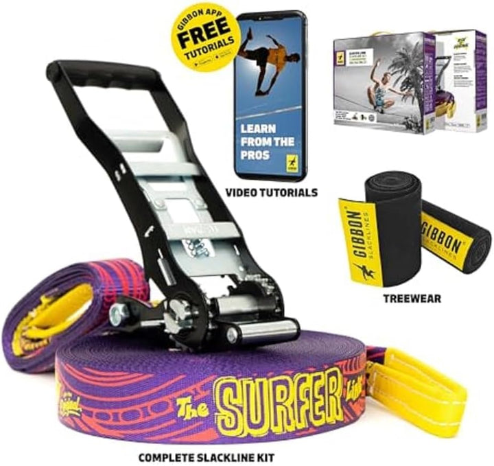 Gibbon Slacklines SurferLine | 30m Trick & Waterline Set | Inkl. Ratschenschutz & TreeWear | Einfach