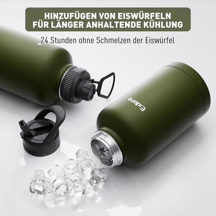 Exllena 2 Liter Edelstahl Wasserflasche, doppelt isolierte Wasserflaschen mit zwei Deckeln und schüt