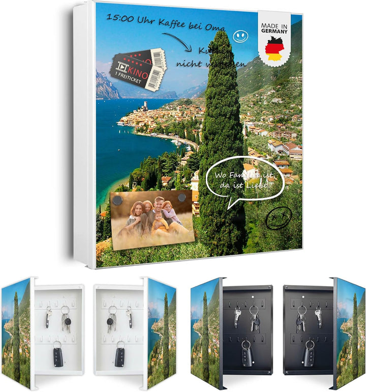 banjado® Grosser Schlüsselkasten Glas/Schlüsselbox 30cm x 30cm mit 50 Haken - Motiv Gardasee/Schlüss