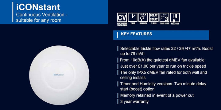 Airflow iCONstant Feuchte-Timer dMEV Lüfter – Leise (10 dB), Dauerlüftung, 1,21W Motor, einstellbare
