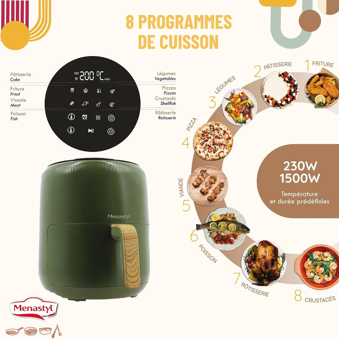MENASTYL - Fritteuse ohne Heissluftöl Colorama – Oliv – ohne PFAS – 4,5 l – 8 Programme – Temperatur