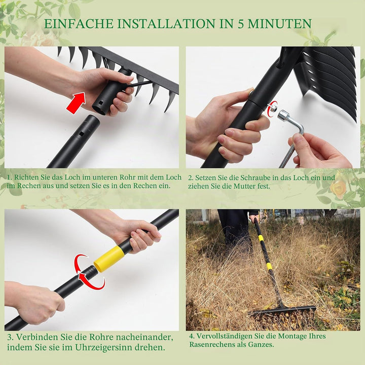 RAK Garten Rechen 189 cm, Metall Rechen Garten mit Stiel, Harke mit 12 Stahlzinken zum Lockern von B