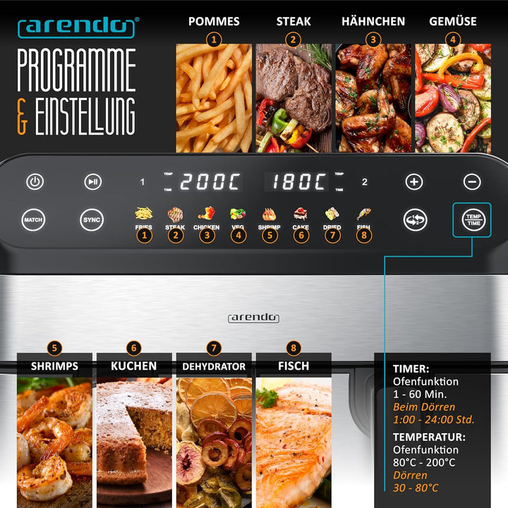 Arendo - Heissluftfritteuse 9L mit 2 Kammern - XXL Kapazität - 2 Fächer – Airfryer Backofen - 8 Prog