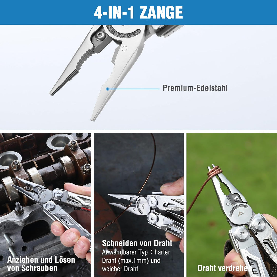 FLISSA Multifunktionszange 19-in-1, Multitool mit Glasbrecher und Feuerstarter, faltbares Multifunkt