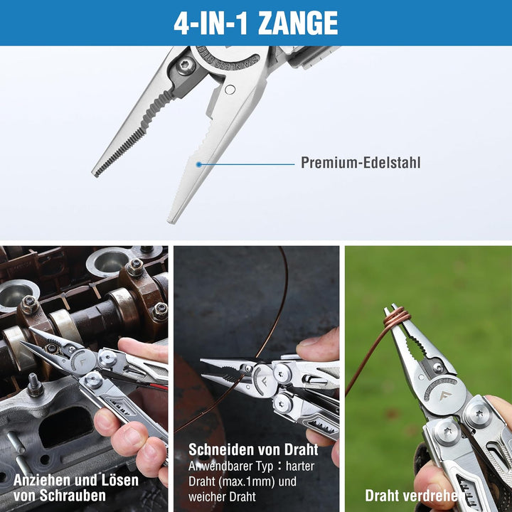 FLISSA Multifunktionszange 19-in-1, Multitool mit Glasbrecher und Feuerstarter, faltbares Multifunkt