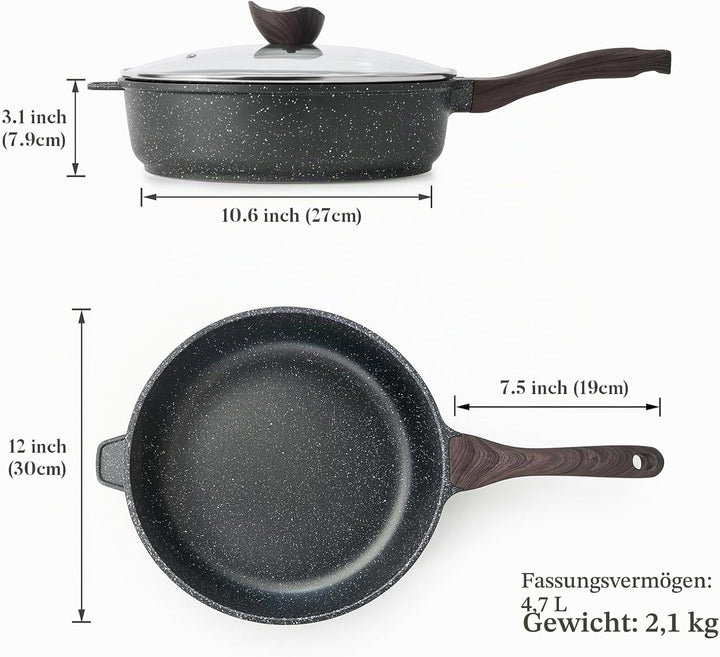 Kordisen Antihaft Tiefe Bratpfanne mit Deckel, 30 cm Grosse Granitbeschichtung Pfanne, Induktion Kom