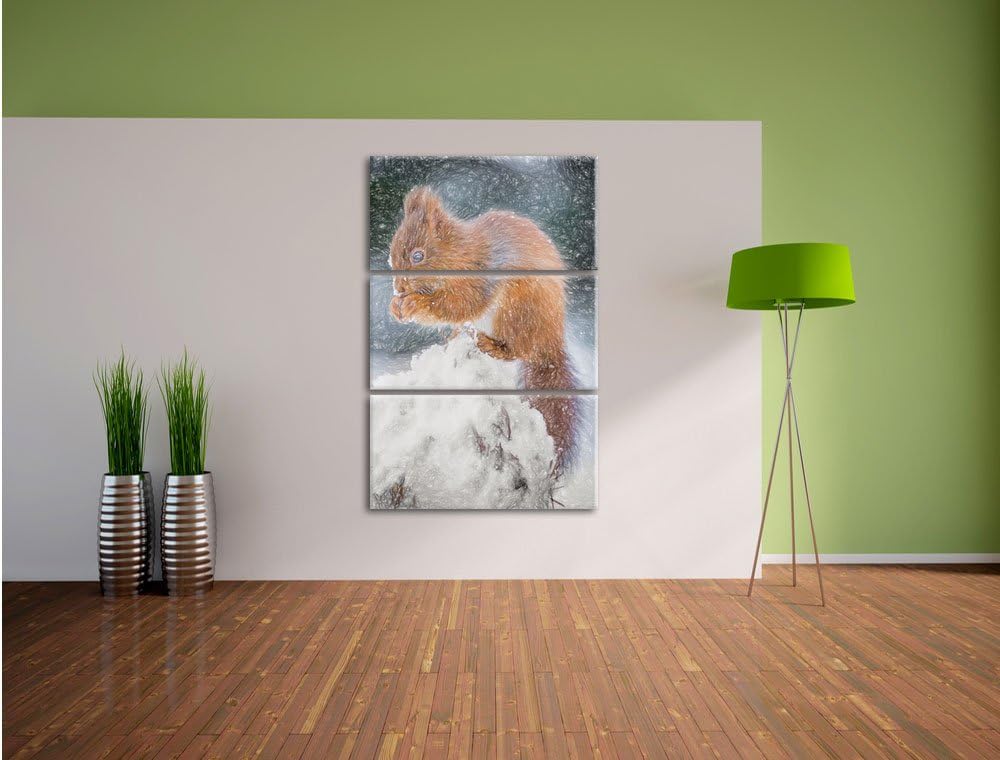 Pixxprint Kleines Eichhörnchen im Winter Bunstift Effekt 3-Teiler Leinwandbild 120x80 Bild auf Leinw