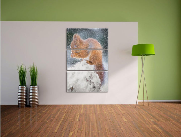 Pixxprint Kleines Eichhörnchen im Winter Bunstift Effekt 3-Teiler Leinwandbild 120x80 Bild auf Leinw