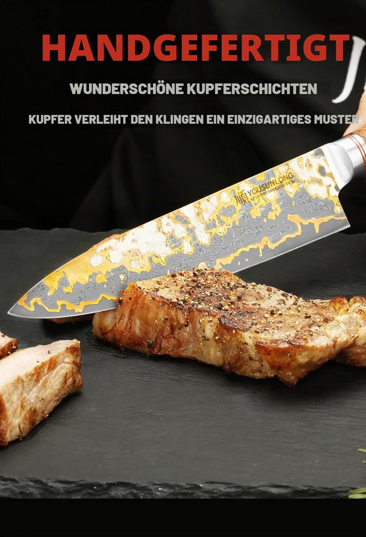 YOUSUNLONG Professionelles Kochmesser - 200mm Klinge Japanischer Handgefertigter Kupfer Damast Stahl