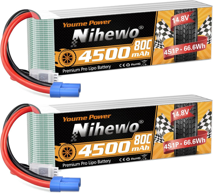 2Packs 4S Lipo Akku, Nihewo RC Akku 14.8V 4500mAh 80C mit EC5 Stecker Kompatibel mit 1/6 1/8 Masssta