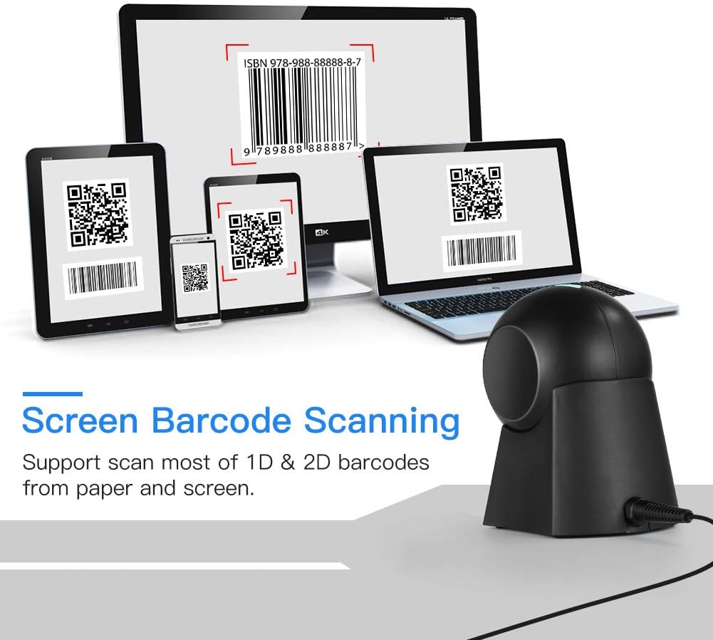 Eyoyo 1D 2D QR Desktop Barcode Scanner with Large Scan Window, Hands-Free Barcode Reader with QR Scr