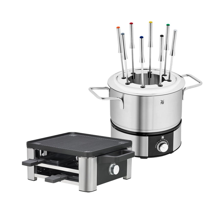 WMF Set 2-teilig Raclette Grill mit Pfännchen und Schiebern, Raclette 4 Personen, 870 W, Edelstahl u