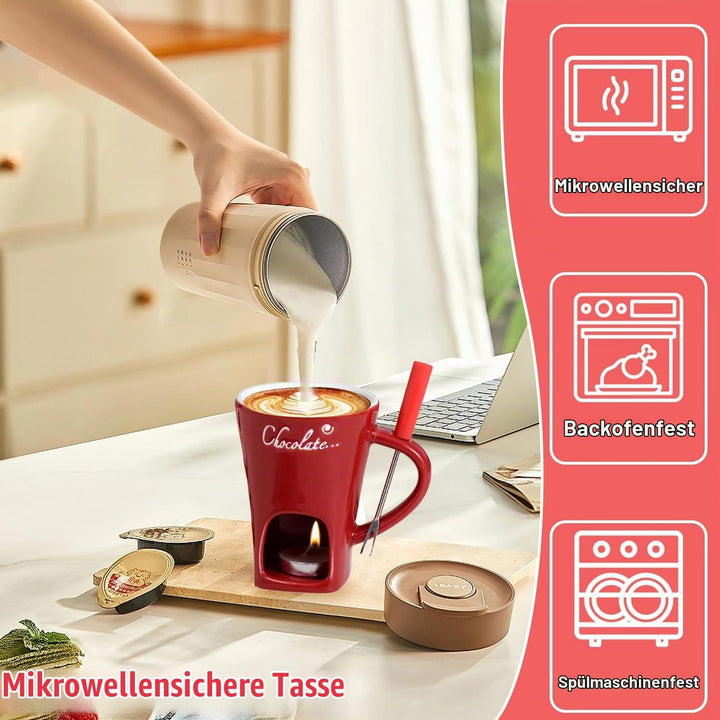 WELLXUNK Schokoladen Fondue Becher Set, 200 ml Keramik Schokoladenfondue Tasse, Rot Schokofondue Tas