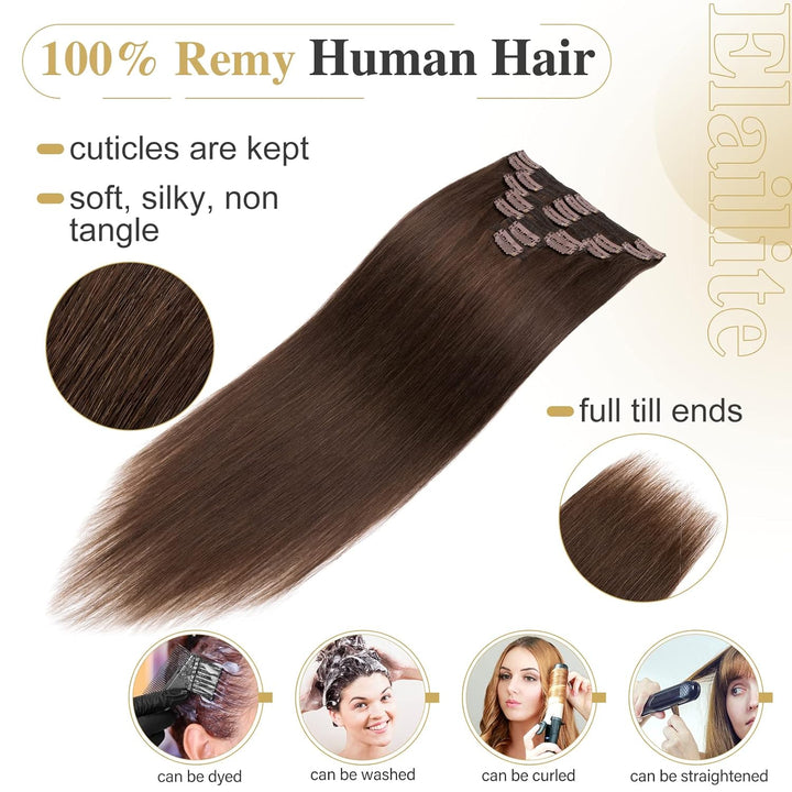 Elailite Extensions Echthaar Clip in 8 Tressen Voller Kopf #4 Mittel braun Haarverlängerung Real Hum