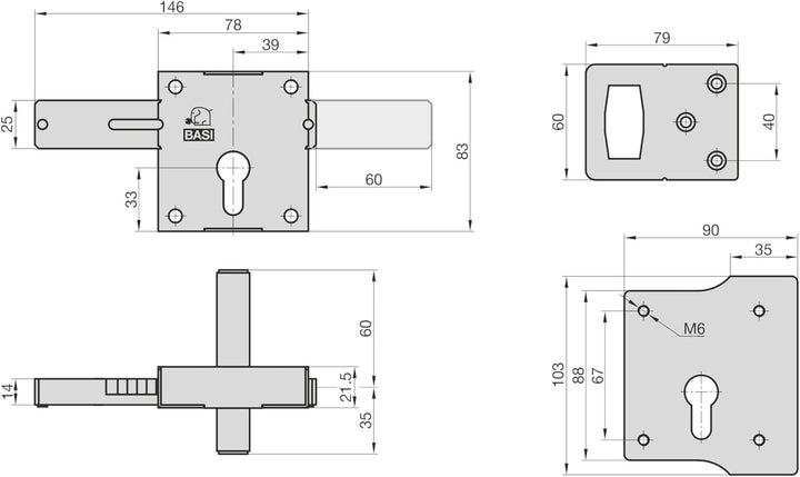 BASI | Aufschraub-Torschloss für Holztore | mit Schliessblech | Vorrichtung für Profilzylinder | DIN