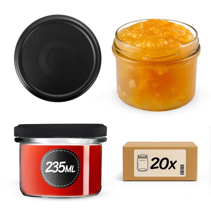 KADAX 20er Set Marmeladengläser 235ml TO82 Schwarz matt, Einmachgläser Vorratsgläser Mason Jar mit S