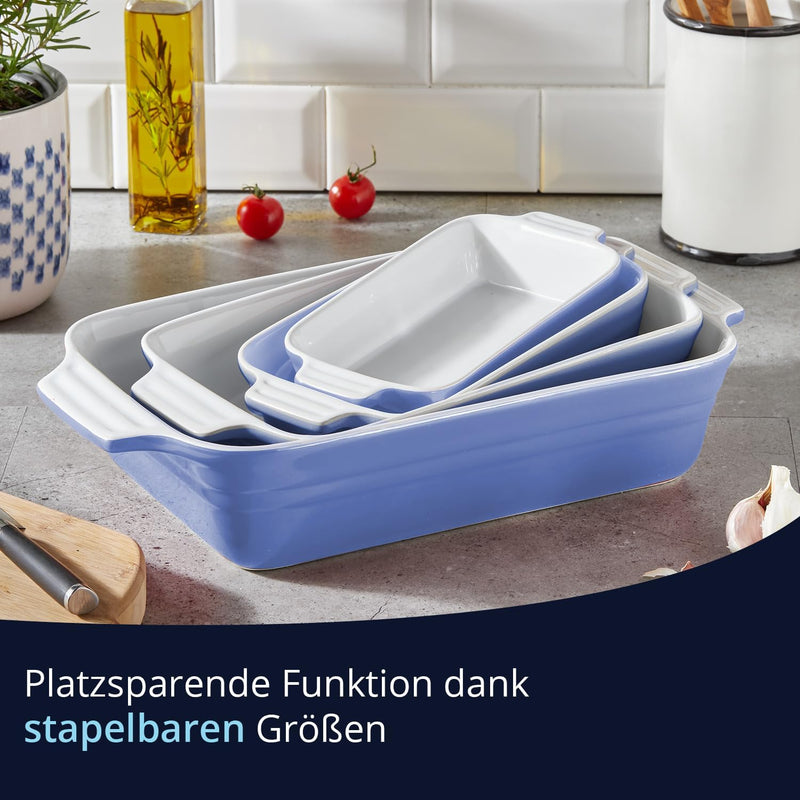 KHG Auflaufform gross 40 cm Hellblau für 4-6 Personen, Kapazität 3 Liter, Ofenform Keramik Steingut