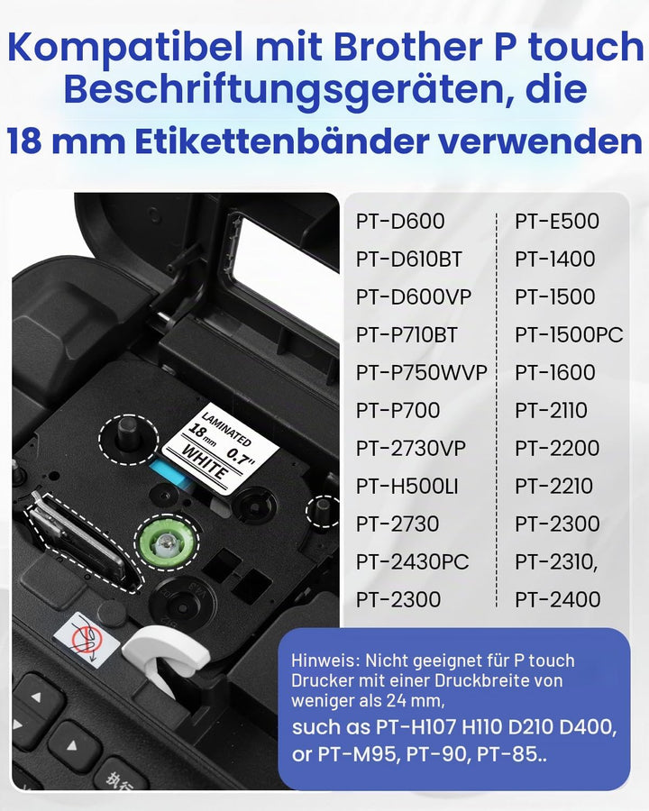 MarkField Kompatibel mit Brother P touch Bänder 18mm TZe-241 18mm Schriftband Schwarz auf Weiss TZ T