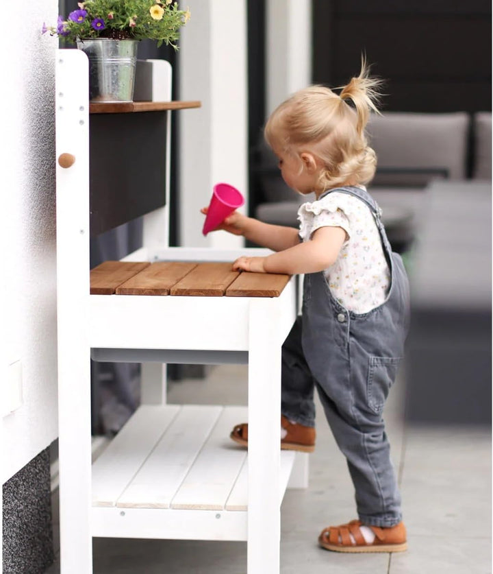 Meppi Matschküche Kleiner Gärtner aus Holz - Outdoorküche für Kinder mit Matschwannen - Pflanztisch