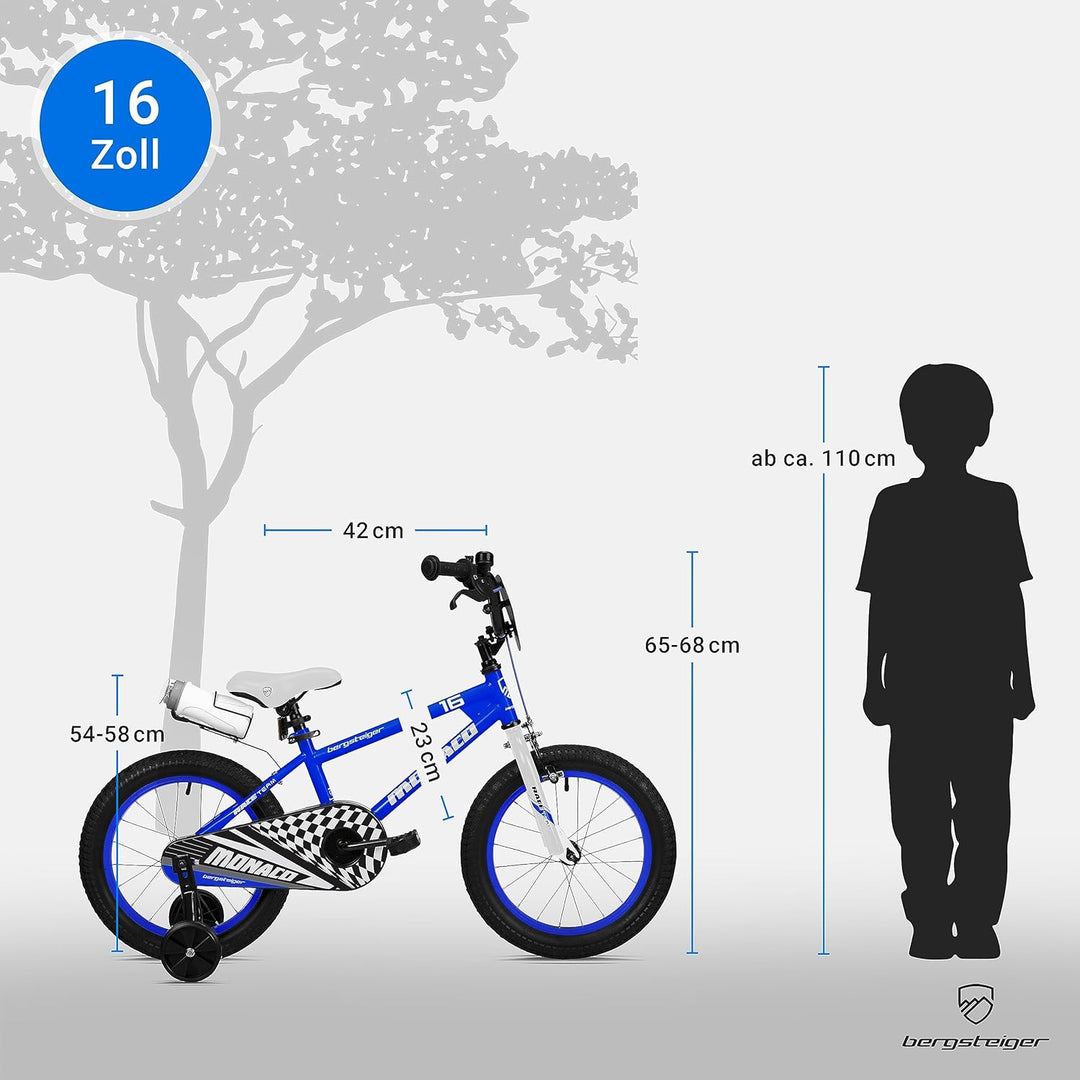 Bergsteiger Monaco 16 Zoll Kinderfahrrad, geeignet für 4, 5, 6 Jahre, BMX, Stützräder, Rücktrittbrem