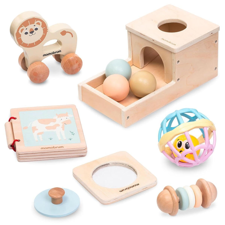 mamabrum MAM183 EDU Baby Spielzeug Set, 6 Montessori Sensorik Spielzeug für 7-12 Monate - Holz Lerns