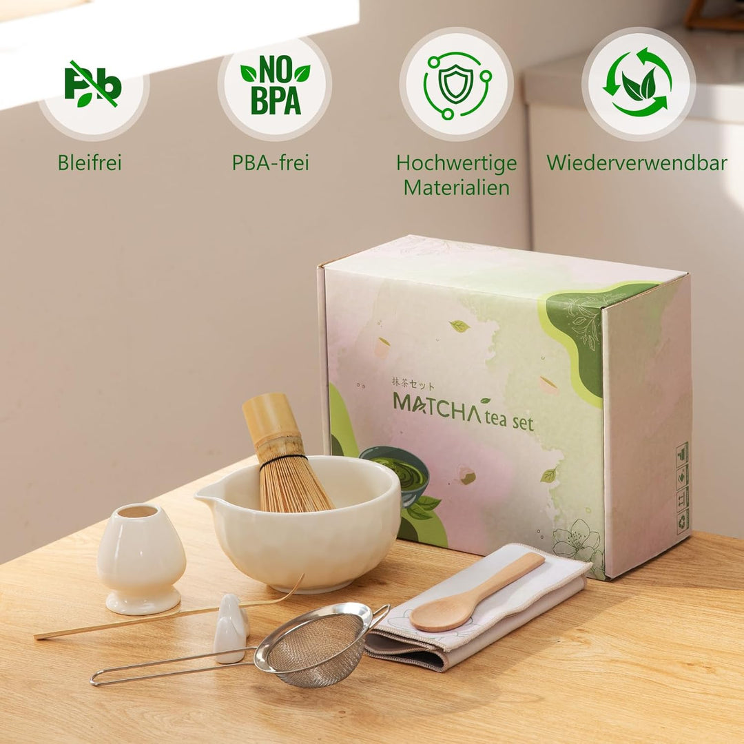 8 Stück Matcha Set Beige mit Besenhalter | Edelstahl-Sieb für klumpenfreien Matcha | Inkl Bambus bes