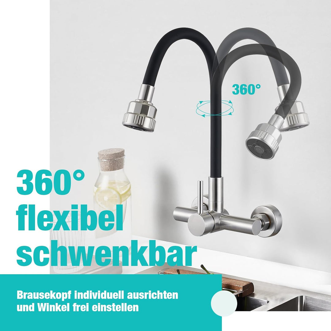 CREA Wandarmatur für Küche mit Schwarzer 360° flexibler Silikon Weichschlauch, Einhebelmischer Küche