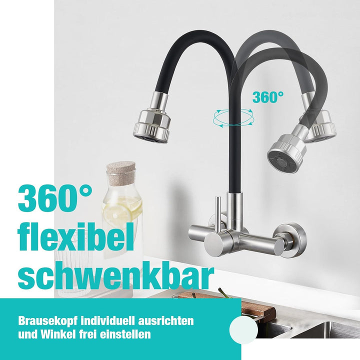 CREA Wandarmatur für Küche mit Schwarzer 360° flexibler Silikon Weichschlauch, Einhebelmischer Küche