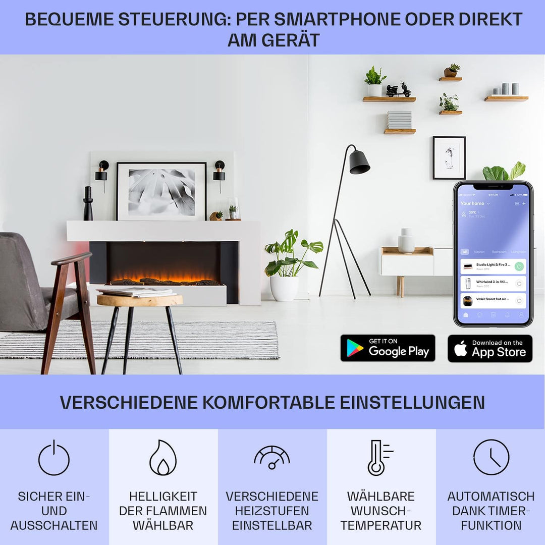Klarstein Deko Kamin mit LED-Flammen, Elektro Kamin mit Heizung, 2000W Elektrischer Kamin, Sparsamer