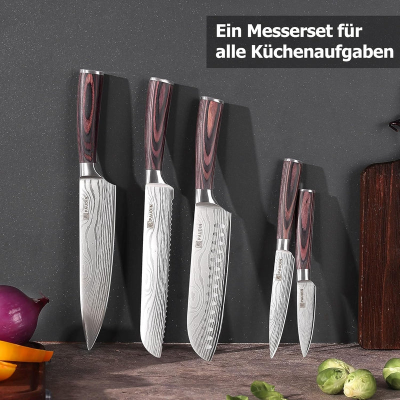 PAUDIN Küchenmesser Set, 5-teilig Küchenmesserset aus hochwertigem Carbon Edelstahl, Ultra Scharfes