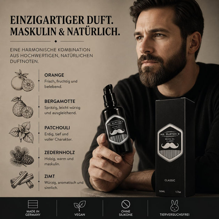 Bartöl Herren - Mr. Burton´s Beard Oil classic mit Arganöl - Made in Germany 50ml fördert gesundes B