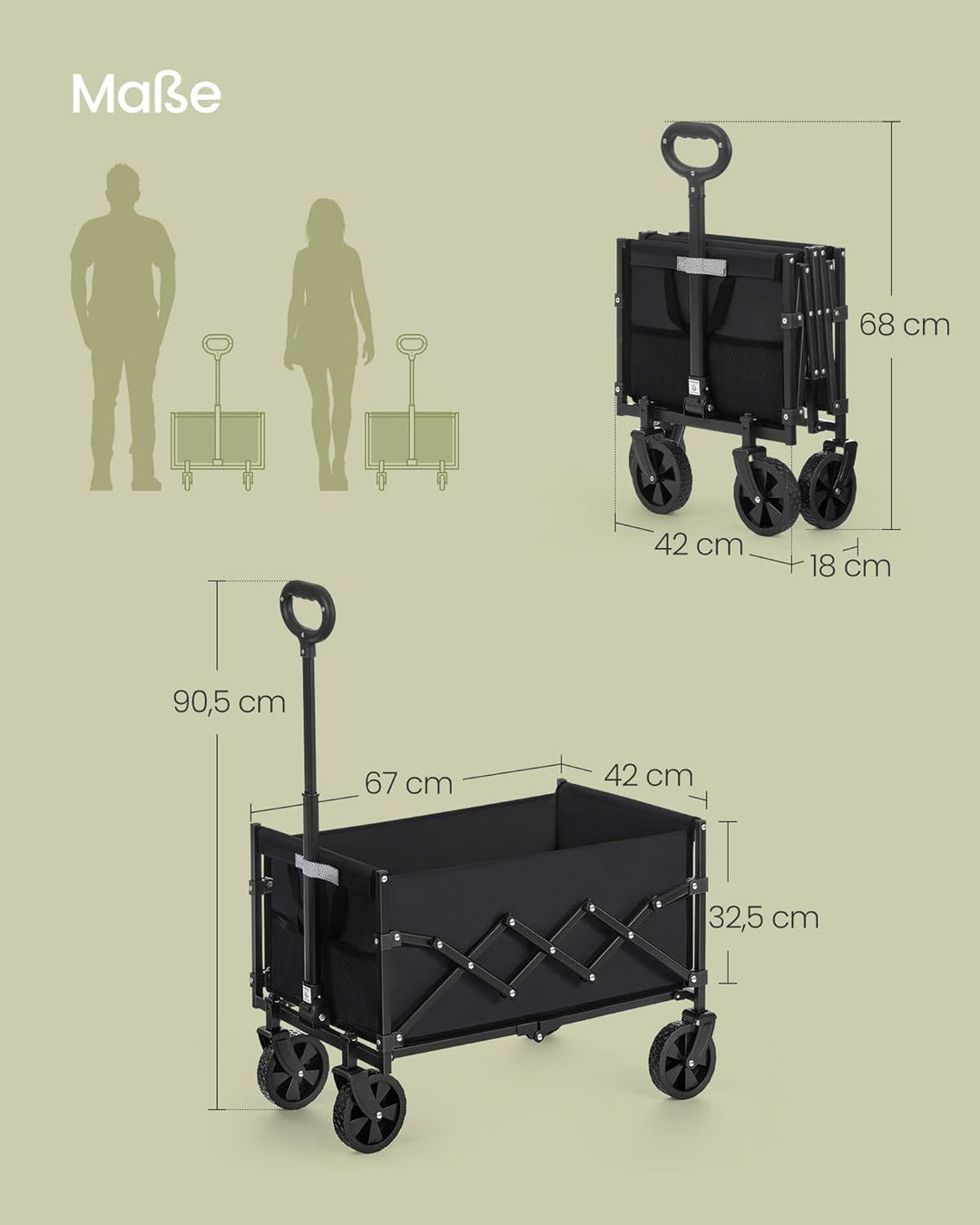 SONGMICS Kleiner Handwagen faltbar, Gartenwagen, kompakt, mit Griff, mit 4 verstärkten Rollen, Davon