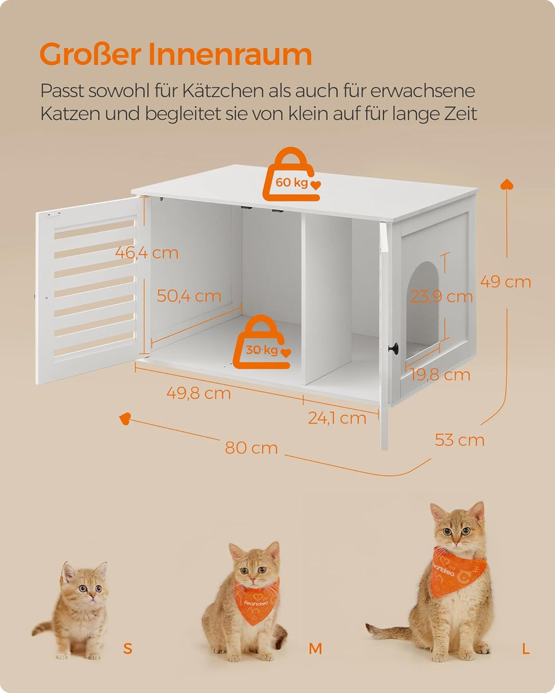 Feandrea Katzenklo-Schrank, Katzenhaus mit herausnehmbarer Trennwand, 2 Lamellentüren, Katzentoilett