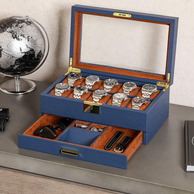 ROTHWELL Uhrenbox aus Leder, 10 Fächer, Luxus-Uhrenetui mit Schublade, abschliessbarer Schmuck-Uhren