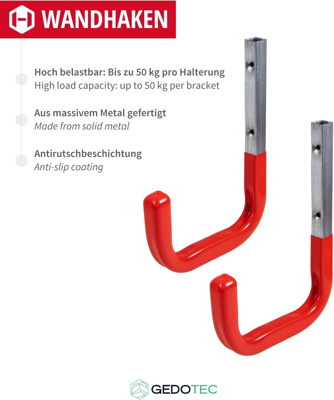 Gedotec Wandhalterung - Wandhaken zum Schrauben Stahl verzinkt gummiert | MONO | 2 Stück Gerätehaken