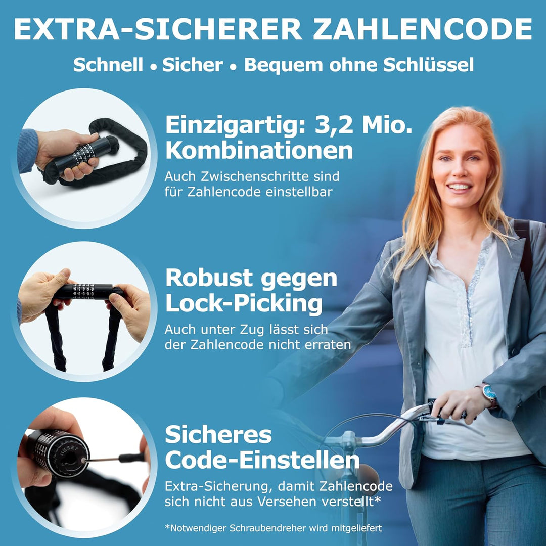 WIDDER Zahlenschloss Kettenschloss [3 Mio Kombinationen, sicher, 105cm lang] Fahrradschloss hohe Sic