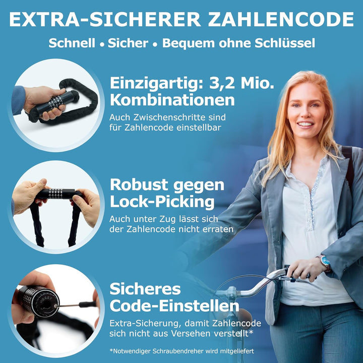 WIDDER Zahlenschloss Kettenschloss [3 Mio Kombinationen, sicher, 105cm lang] Fahrradschloss hohe Sic
