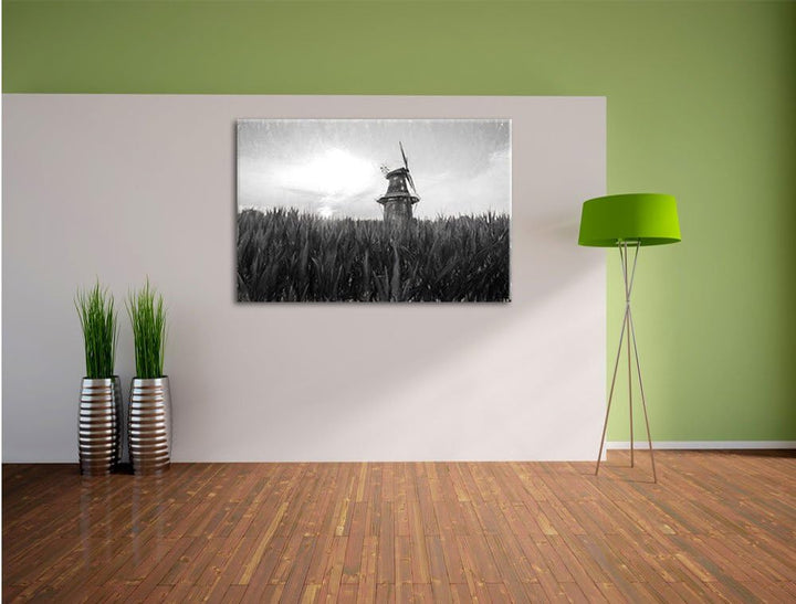 Pixxprint schöne Windmühle auf Dem Feld Kunst Kohle Effekt, Format: 100x70 auf Leinwand, XXL riesige