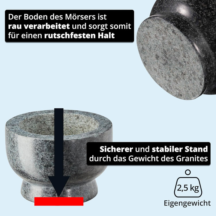 KHG Mörser mit Stössel aus Granit für Gewürze, gross XL mit 2,5 kg rutschfest, polierter Steinmörser