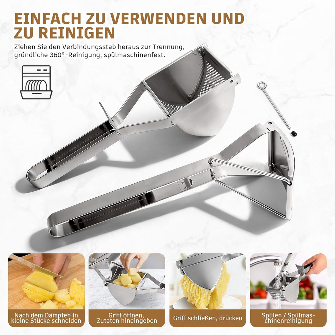 Kartoffelpresse Edelstahl mit Silikongriff, Schäler, Reinigungsbürste und Schaber, Robust - Spätzlep