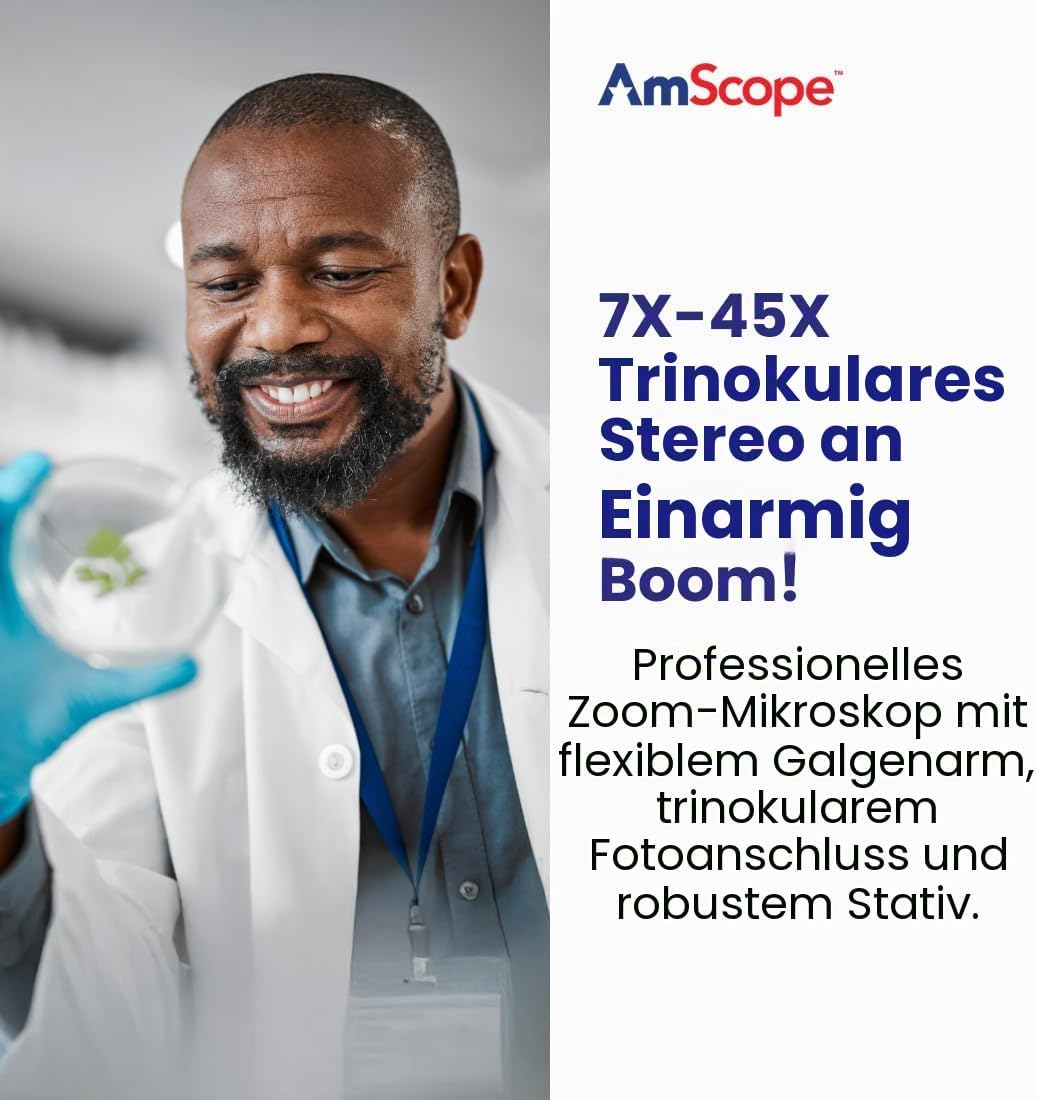 AmScope SM-3T Trinokulares Stereo-Zoom-Mikroskop auf Einarmigem Auslegerständer, 7X-45X, Weiss, Mikr