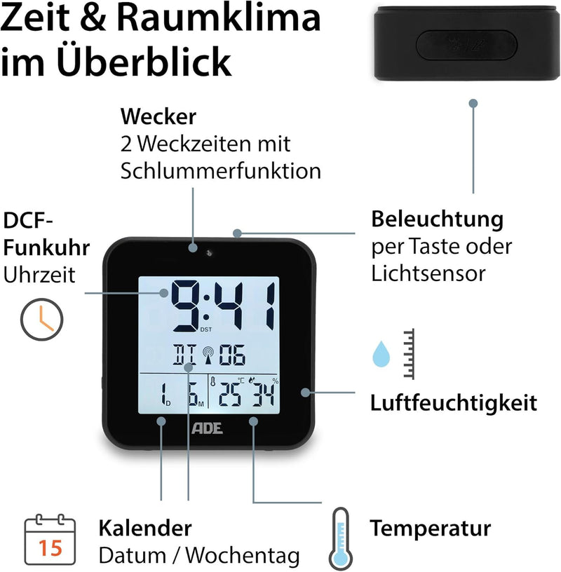 ADE Funkwecker digital mit Batterie | 2 Weckzeiten | Temperaturanzeige | Luftfeuchtigkeit | Reisewec