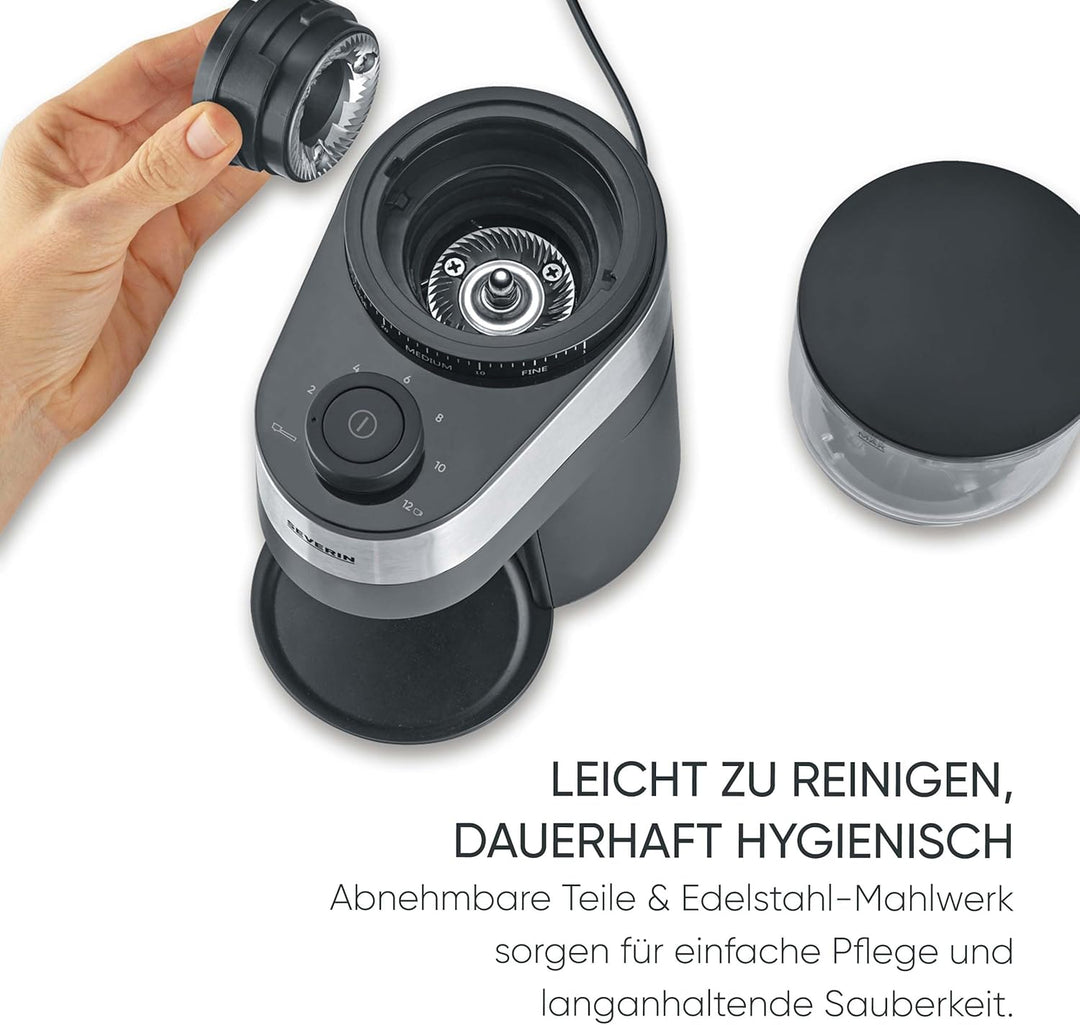 SEVERIN Kaffeemühle, Scheibenmahlwerk, einstellbare Mengendosierung, Mahlgrad in 30 Stufen einstellb