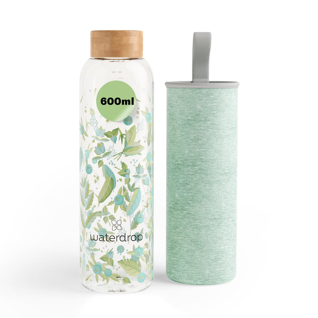 waterdrop® Edition Glass Bottle 600ml Trinkflasche Glas auslaufsicher, Kohlensäure geeignet | BPA fr
