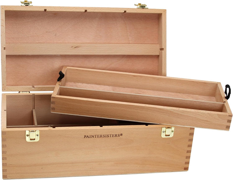 Paintersisters XL-Utensilienkoffer, Malkoffer, Malbox, Pinsel Schatulle Holz, Werkzeugkiste, Aufbewa