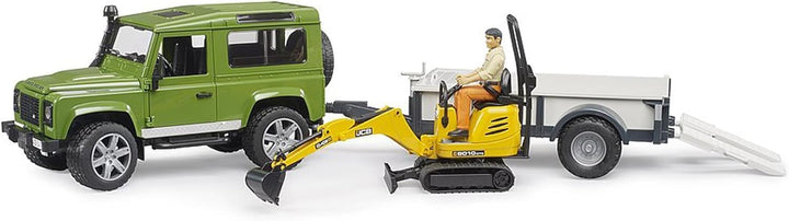 bruder 02593 - Land Rover Defender Station Wagon mit Einachsanhänger, JCB Mikrobagger 8010 Cts, Baua