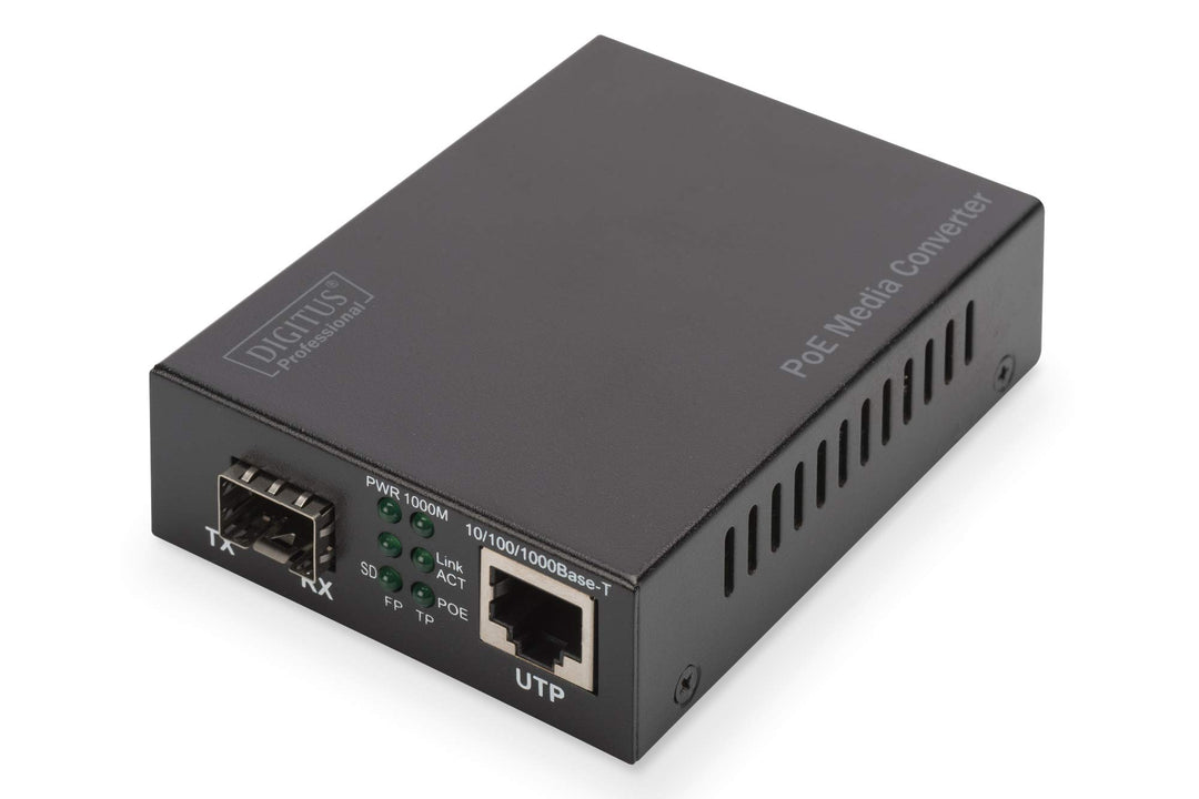 DIGITUS Medienkonverter - SFP Port - Gbit Ethernet - RJ45 / SFP 1000Base-LX - Mit PoE-Injektor - Sch