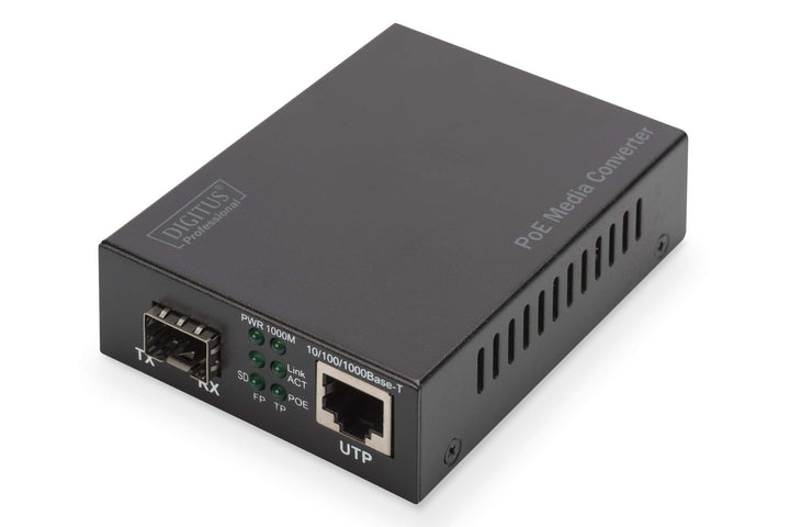 DIGITUS Medienkonverter - SFP Port - Gbit Ethernet - RJ45 / SFP 1000Base-LX - Mit PoE-Injektor - Sch