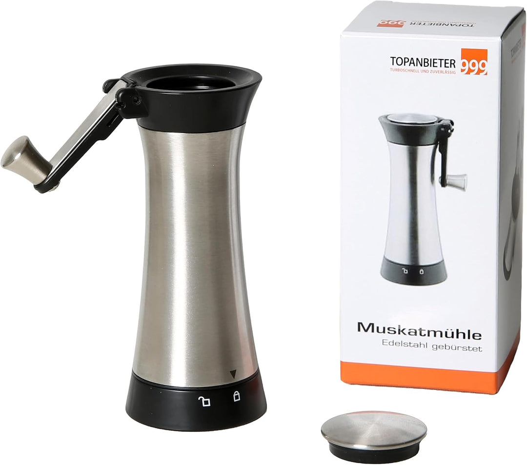 Muskatmühle Gewürzmühle Muskatnussmühle Edelstahl mit Aufbewahrungsbehälter und einklappbarer Kurbel