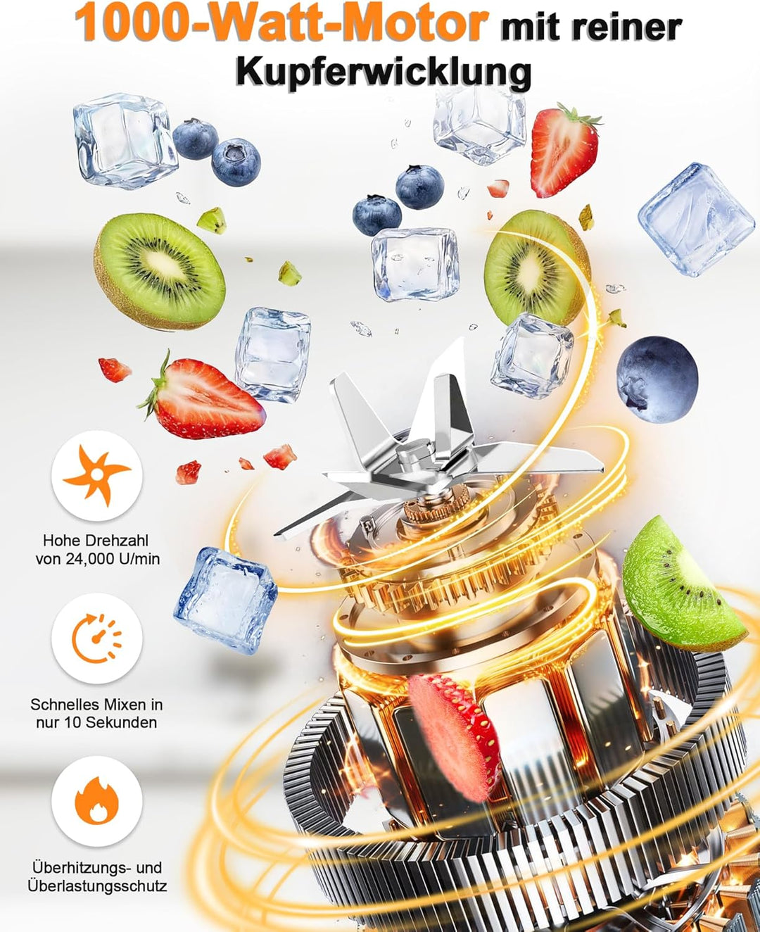 1000W Standmixer, Mixer, Glas 2-1 Mixer Smoothie Maker mit 1,5L Glaskrug und 600ml Reisebecher, Stuf